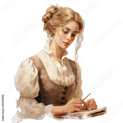 Watercolor Vintage Woman with Bun Writing in Journal Clipart
