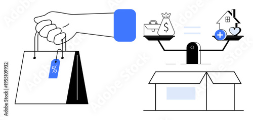 E-commerce concept. E-commerce through shopping bag and balance showing financial trade-offs. Ideal for e-commerce platforms, financial planning, online shopping, marketing, and consumer analytics
