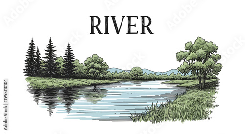 Hand Drawn Illustration of a Peaceful River Landscape