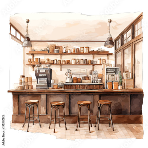 Watercolor Illustration of a Cozy Vintage Coffee Shop Interior with Wooden Bar Counter and Stools