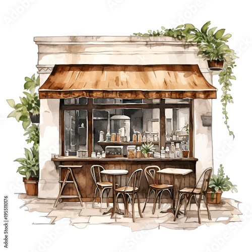 Watercolor Illustration of a Cozy Vintage Coffee Shop Interior with Wooden Counter and Stools

