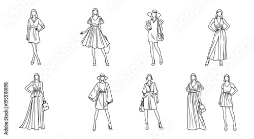 Fashion sketches of women in various dresses and outfits line art style