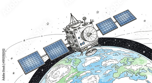 Hand Drawn Illustration of a Satellite Orbiting Planet Earth