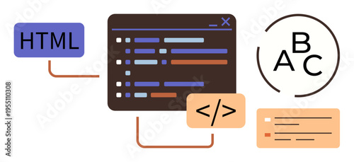 Web development, coding education, programming, front-end design, application building, software engineering. Central code editor interface with HTML tag, CSS snippet and type elements. Web