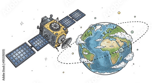 Hand Drawn Illustration of Satellite Orbiting Planet Earth