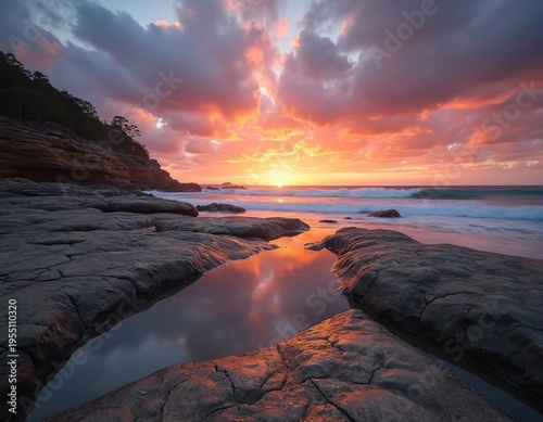 Ocean sunset with vibrant orange clouds reflects on water pools among dark coastal rocks. Gentle waves wash ashore on a sandy beach with forest hillsides.