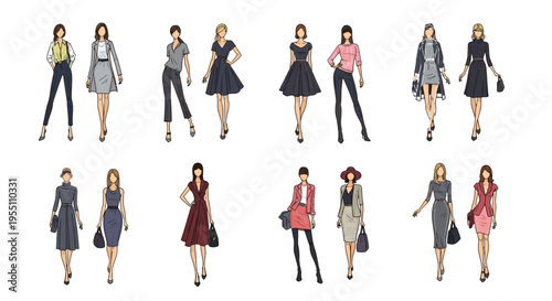 Fashion illustration displaying a variety of women's outfits and styles