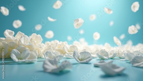 White rose petals fall and rest on a bright blue surface. Delicate flower pieces float and settle on the solid background. Gentle spring or summer scene.