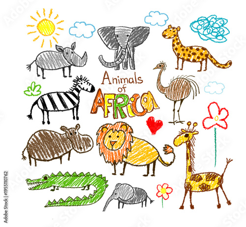Cartoon Set of African animals for children's drawings. Hand drawn. Not AI, vector illustration.