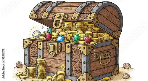 Open Wooden Treasure Chest Filled with Gold Coins and Colorful Gemstones