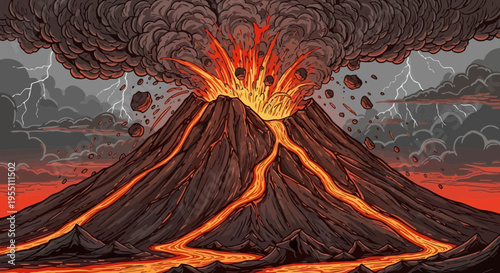 Volcanic Eruption Illustration with Lava Flow and Lightning