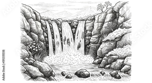 Hand Drawn Sketch of a Scenic Waterfall in a Rocky Mountain Landscape