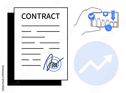 Business contracts, e-commerce, financial planning, marketing, sales strategy, technology. Signed contract with a hand holding a mobile phone for online shopping and sales. Business contracts