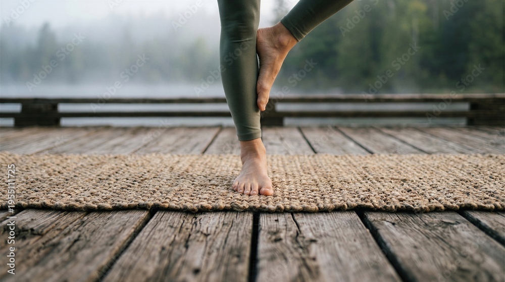 Fototapeta premium Close-up of a person practicing yoga tree pose on a natural woven mat at a wooden pier by a misty lake at dawn, focusing on balance, mindfulness, and healthy lifestyle in a calm nature.