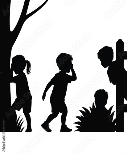 Black silhouettes of children playing outdoors near tree and fence vector illustration EPS PNG file