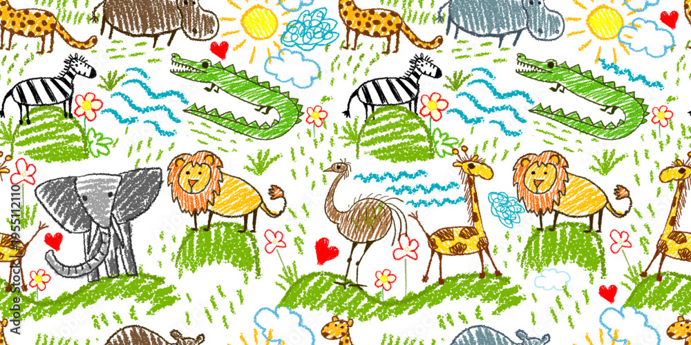 Naklejka premium Seamless pattern children's drawings of African animals. Hand drawn. Not AI, vector illustration.