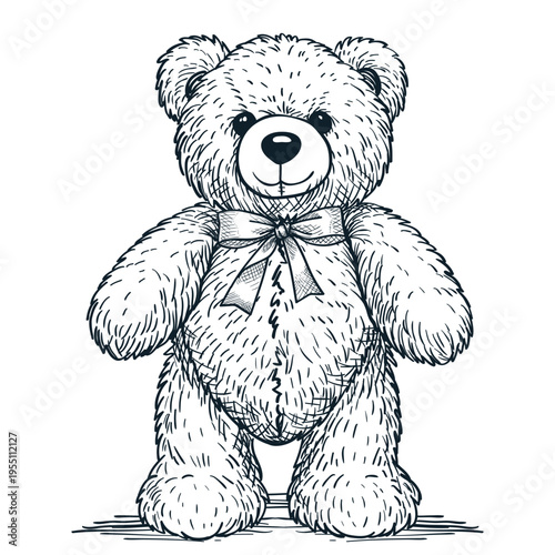Standing bear toy with bow ribbon on neck. Vector hand drawn sketch illustration. Print, greeting cards design element