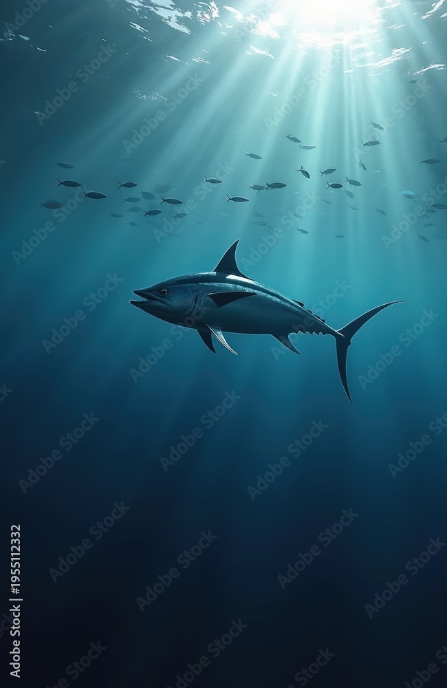 Fototapeta premium Large bluefin tuna swims in deep blue ocean water. Sunlight rays shine from above. Small fish school swims nearby. Predator hunts in deep sea.