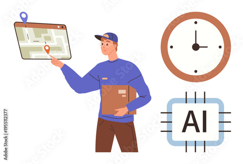 Logistics, navigation, technology, punctuality, AI, courier services. Delivery worker holding parcel and interacting with digital map. Logistics and navigation concept for efficient parcel handling