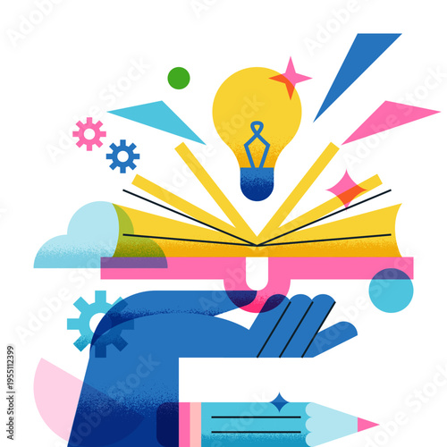Hand holding open book and light bulb. Vector concept of knowledge, education, learning, creativity and bright idea