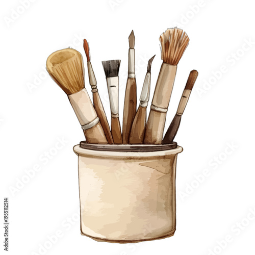Watercolor Illustration of Assorted Artist Paint Brushes in a Ceramic Jar Isolated on White