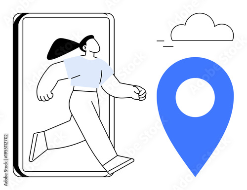 Travel apps, navigation tools, location tracking, mobility, digital maps, and technology integration. A person stepping out of a smartphone with a location pin and cloud symbol. Travel apps