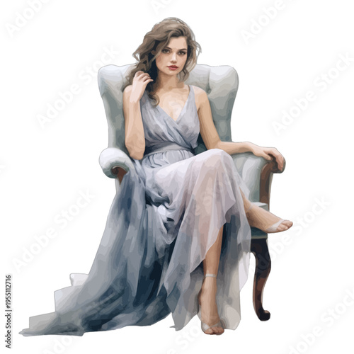 Watercolor Illustration of a Woman in a Flowing Grey Tulle Dress Sitting in a Vintage Armchair Isolated on White