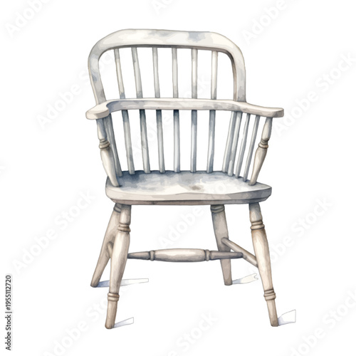 Watercolor Illustration of a Vintage Windsor Spindle Back Armchair Isolated on White Background