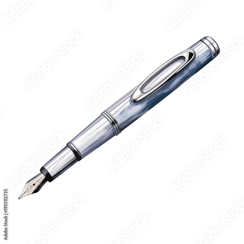 Watercolor Blue Marble Fountain Pen with Silver Clip and Nib Clipart