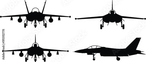 A set of black silhouettes of fighter jets in various positions on a white background