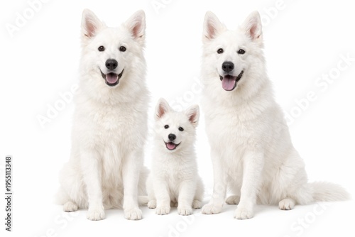 White fluffy dog family with puppy isolated on white background
