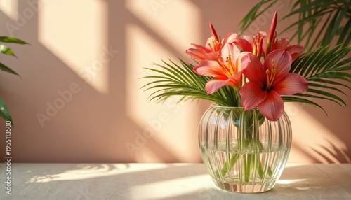 Close-up of vibrant pink lilies in a clear glass vase. Soft sunlight creates dappled shadows on a blush pink wall. Rich green leaves frame the tropical flower arrangement indoors.