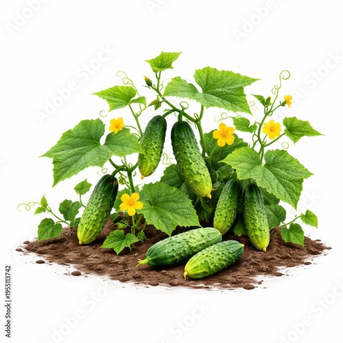 Fresh cucumbers growing on plant isolated on white background agriculture concept