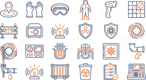 Essential two-color outline icons for industrial safety, personal protective equipment, and environmental risks.