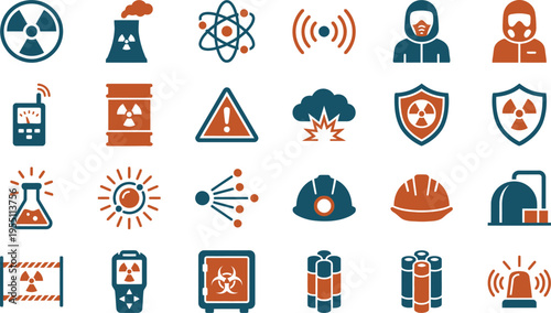 Collection of clear, two-color icons representing nuclear energy, radiation safety, and hazard warnings.