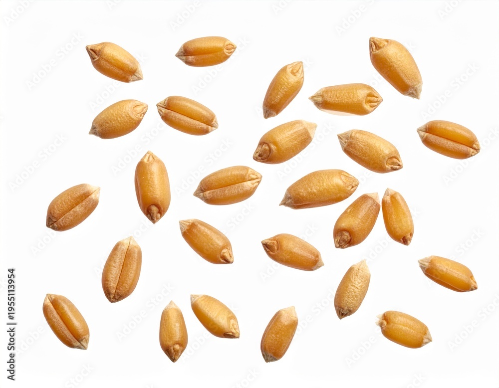 Obraz premium Scattered Raw Wheat Grains Close Up Isolated on White Background