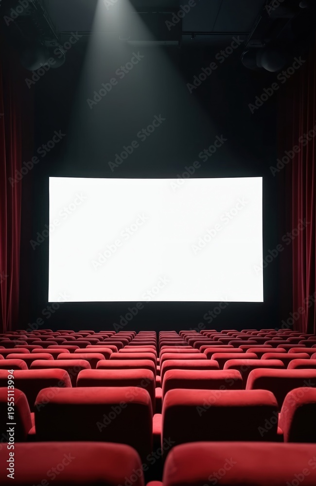 Fototapeta premium Empty movie theater with rows of red seats and a blank white screen. A spotlight shines from above onto the screen. This scene is perfect for mockups presentation or event announcements.