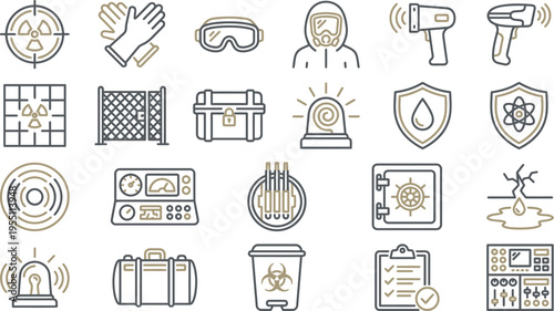 Essential line icons depicting safety, security, hazard, and radiation protection for various industrial and scientific applications.