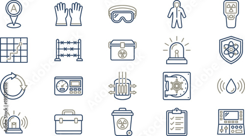 Collection of outline icons illustrating various safety, security, and industrial hazard concepts for modern design.
