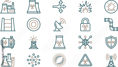 Collection of outlined icons representing nuclear energy power generation safety and industrial technology concepts