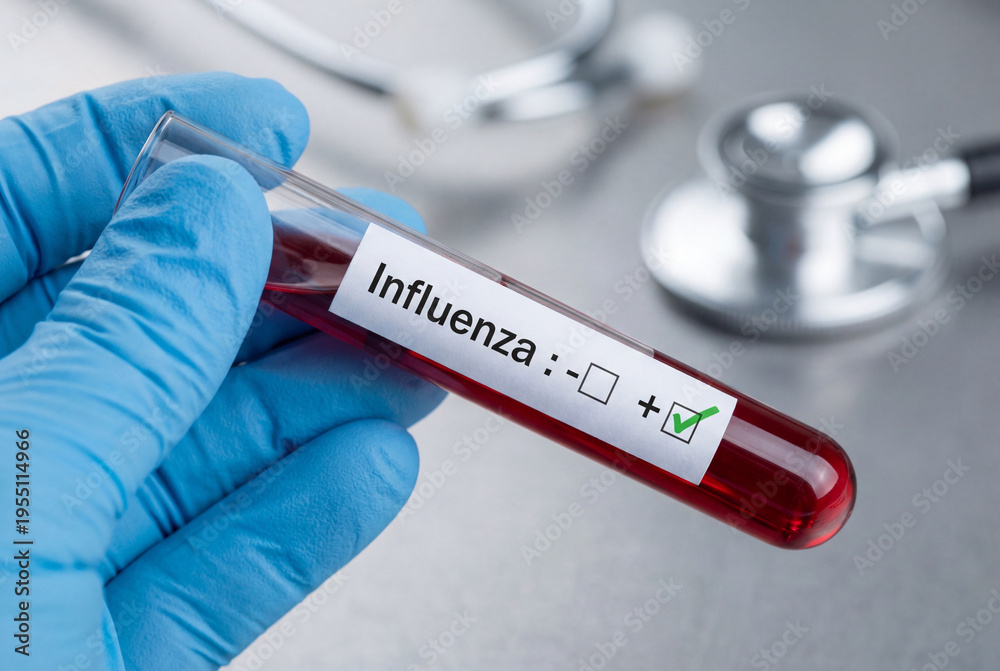 Obraz premium Gloved hand holding test tube with positive influenza result