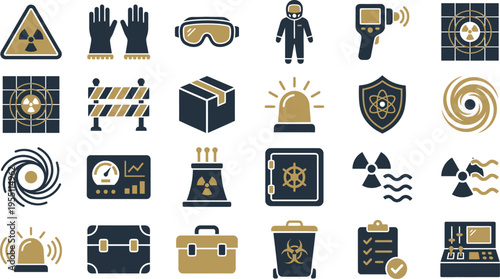 A comprehensive collection of safety, warning, and hazard icons for industrial and environmental applications.