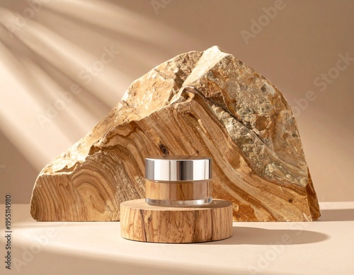 Luxury natural stone podium with cosmetic jar in warm sunlight, minimal product mockup background. Generative Image