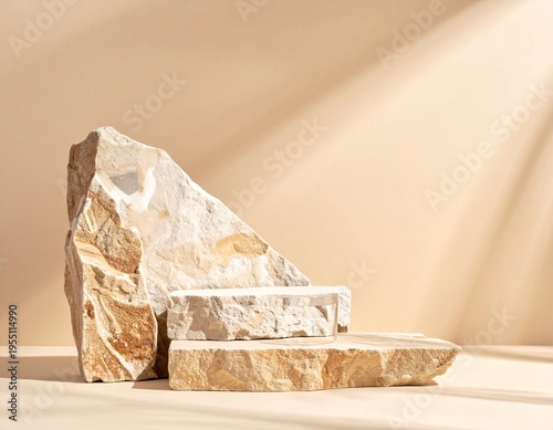 Luxury natural stone podium with cosmetic jar in warm sunlight, minimal product mockup background. Generative Image