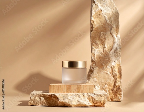 Luxury natural stone podium with cosmetic jar in warm sunlight, minimal product mockup background. Generative Image