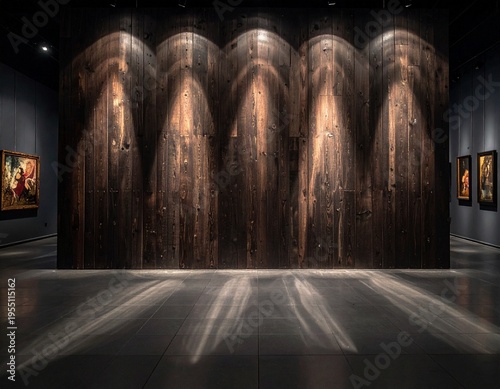 Dark wooden stage interior with spotlight and dramatic shadows, rustic presentation background. Generative Image