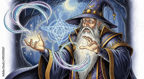 Elderly Wizard Casting Magical Spells with Glowing Energy