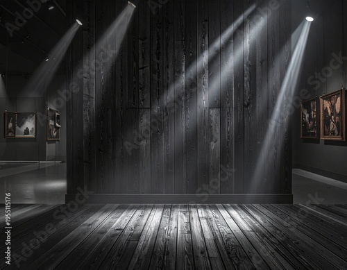 Dark wooden stage interior with spotlight and dramatic shadows, rustic presentation background. Generative Image