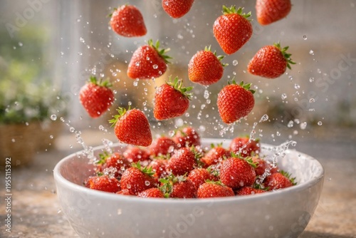 Strawberries falling into bowl with sugar splash dynamic food concept
