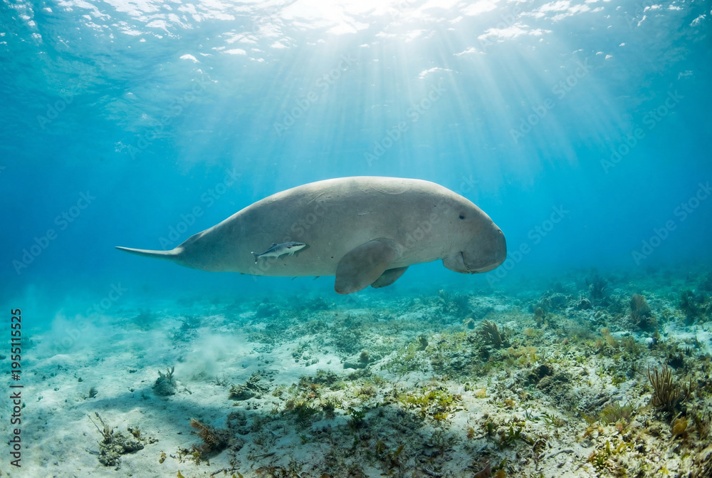 Obraz premium Dugong swimming gracefully through crystal clear blue ocean water with sunlight